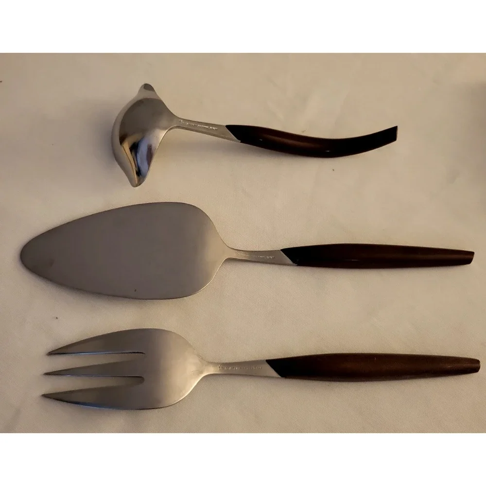 3 PCE VTG Eldan Flatware Stainless Steel Wood Handles Gravy Ladle Pie Slice Fork
